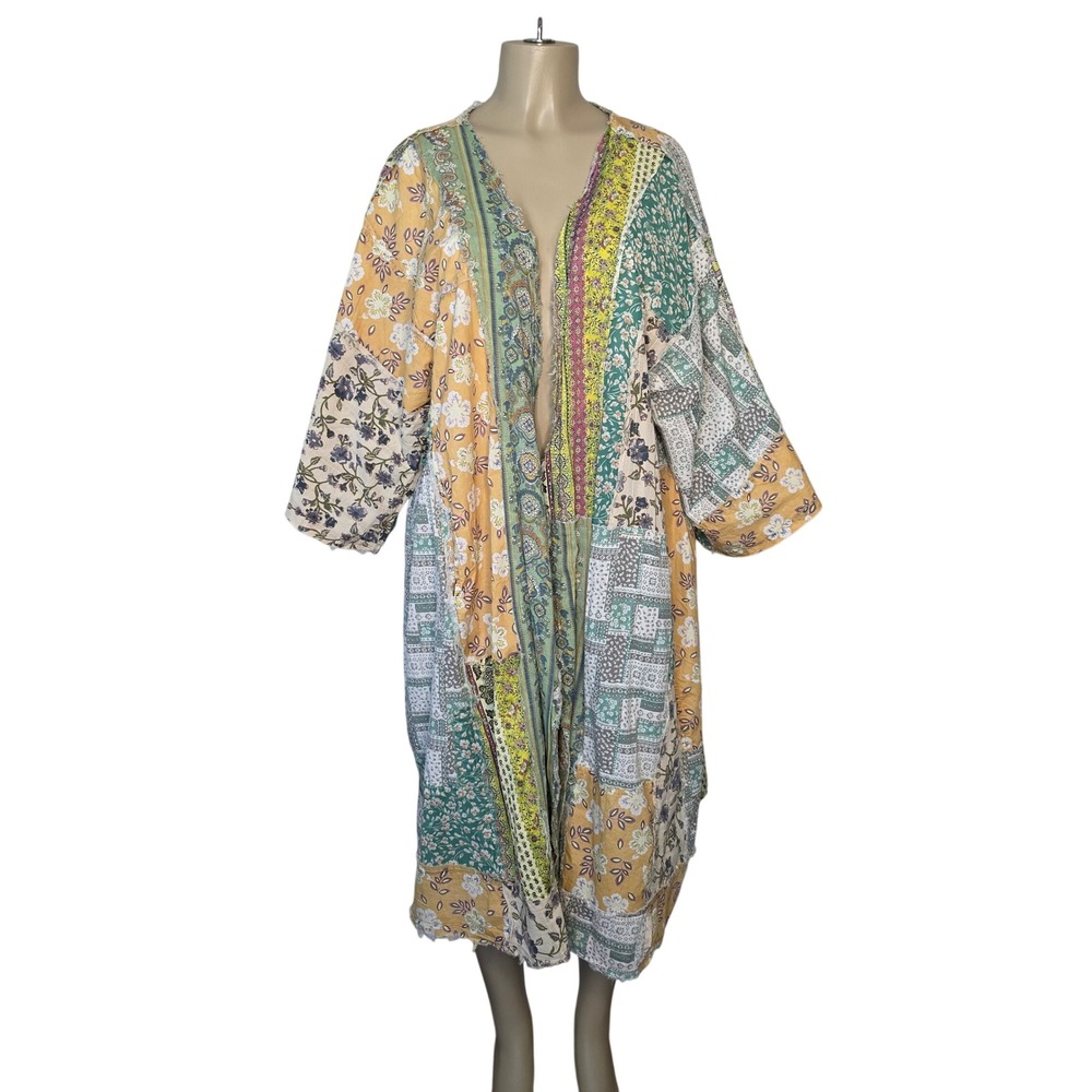 Blue Velvet Kimono Women L/XL Multi Patchwork Floral Open Front Boho Cardigan